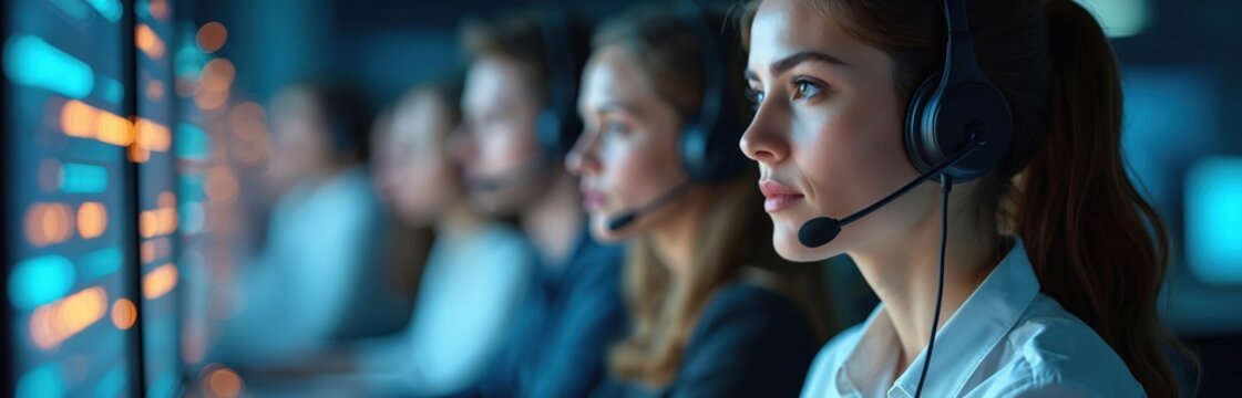 Team members work with headsets in tech support center. Staff provide remote consulting with seamless communication, analyze data, solve complex issues. Client service department provide innovation,