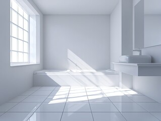 Modern, bright, minimalist bathroom. Sunlight streams in through a large window, illuminating the white tile floor and walls.  A freestanding bathtub and a simple vanity complete the space