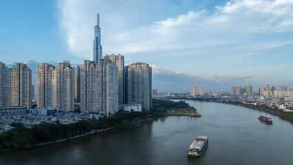 Naklejka premium August 23, 2024: Panorama of District 1, Ho Chi Minh City in the early morning