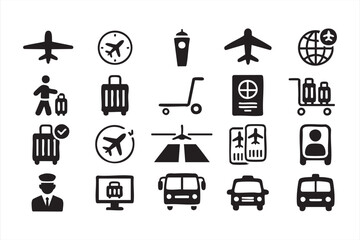 Minimalist flight and luggage icons for booking tools, travel UI, and aviation graphics