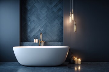 Modern, dark bathroom with a sleek white bathtub and herringbone tile