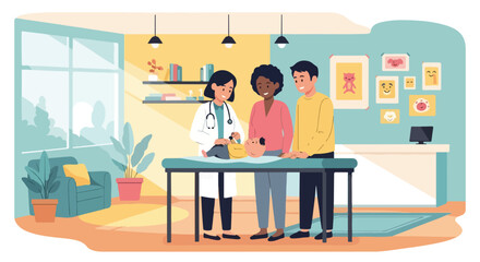 Illustration of a doctor and two patients discussing health in a modern, colorful medical office with a friendly atmosphere.