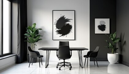 Minimalist office interior features black and white color scheme. Modern design includes desk chairs plants and abstract art. Elegant workspace has creative design concept.