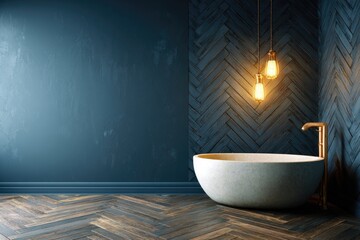 Modern, minimalist bathroom interior featuring a freestanding stone bathtub and herringbone patterns