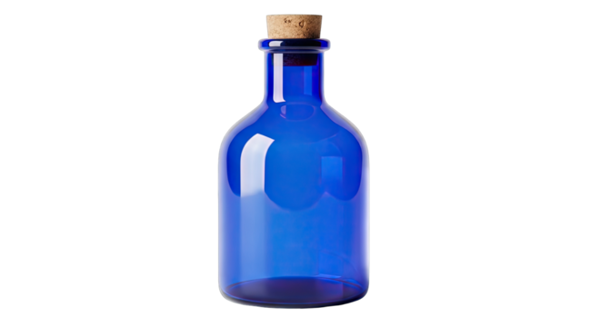 Transparent Cobalt Blue Glass Bottle With Cork Stopper Isolated on Black Background for Liquids or Potions