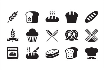 Black and white bakery icons for packaging design, restaurant menus, and branding