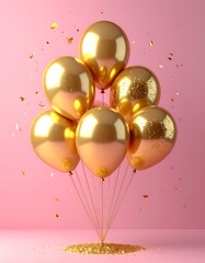 Seven glossy gold balloons tied with strings against a pink background