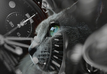 時計と猫のロシアンブルー　壁紙