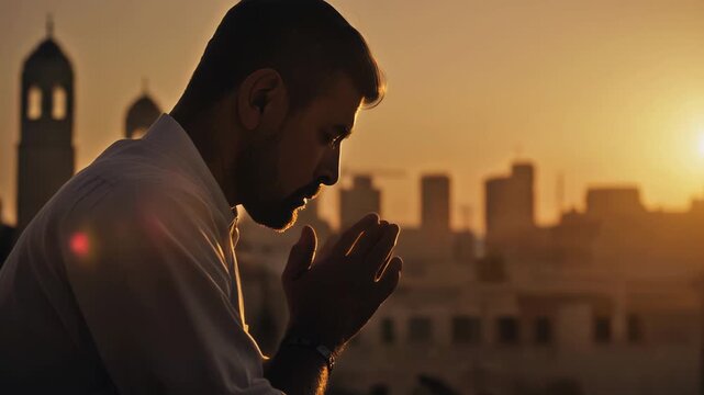 A spiritual sunset meditation: a tranquil scene of prayer and faith in Middle Eastern style. Divine light will illuminate the believer.