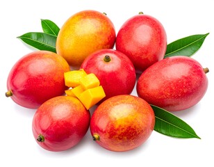 Several ripe, colorful mangoes with leaves and a few chopped pieces