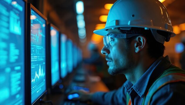 Man works at computer monitors wearing hard hat safety glasses. Assesses data in tech control room during mining operation. Digital tech innovation digital information analysis production in progress.
