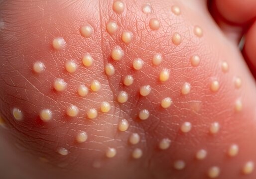 Macro shot of pustular psoriasis on a foot sole, showing numerous sterile white pustules on red, tender skin. A severe, painful autoimmune skin condition.