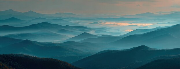 Serene mountain landscape shrouded in ethereal mist, creating layers and a calming vista