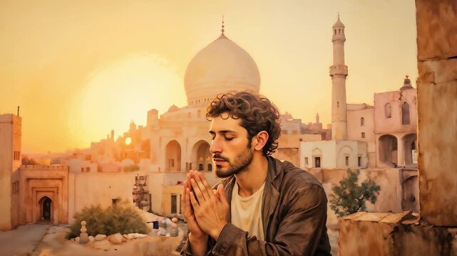A spiritual sunset meditation: a tranquil scene of prayer and faith in Middle Eastern style. Divine light will illuminate the believer.