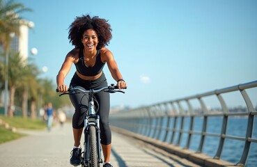 Happy afro woman rides bicycle in city park. Female cyclist enjoys sunny day outdoor. Sporty girl smiling while cycling. Eco friendly transport. Active lifestyle