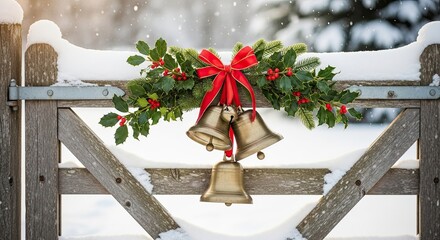 Rustic Wooden Gate Decorated With Holly Bells And Ribbon In Snow