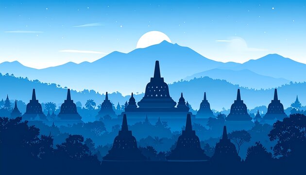 Silhouette illustration of ancient spired structures with mountain scenery