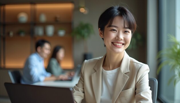 Young asian woman smiles at work. She wears a suit and works on a laptop in a modern office with colleagues in background. Professional business environment. Happy career woman. - Powered by Adobe