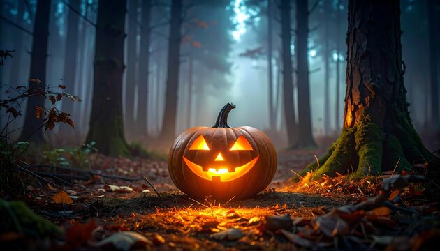 A lit jack-o'-lantern sits in a foggy forest, surrounded by tall trees and autumnal leaves on the ground. The spooky glow illuminates the scene