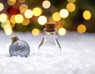 Silver bauble and small glass bottle on a snowy surface with bokeh lights