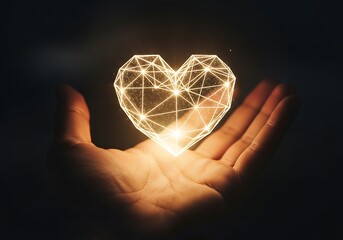 A glowing, geometric heart shape held gently in an open palm, symbolizing love, care, and digital connection against a dark, dramatic background