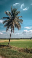 Solitary palm tree by a green rice field under a bright blue sky with clouds