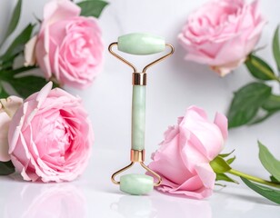 Skincare roller surrounded by pink roses on a marble surface