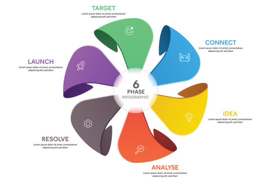 Pinwwheel Shape Glassmorphism Infographic Template With 6 Options, Steps, Parts, Segments. Vector Illustration For Business Financial Report.