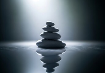 A stack of smooth, dark stones balanced precariously on a reflective surface, illuminated by a spotlight from above