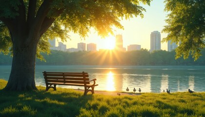 Obraz premium City park landscape illustration at sunset. Bench stands near water. Birds graze on lawn near pond. Sunlight filters through foliage. Urban skyline visible. Perfect for travel eco themes. Serene