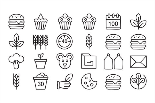 Food and ingredient line icons for menus, packaging, nutrition guides, and café branding