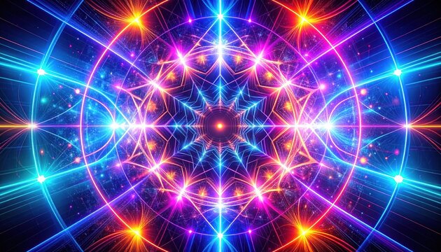 Symmetrical neon light abstract, glowing starburst with geometric patterns - Powered by Adobe