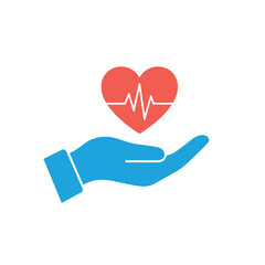 Obraz premium Vector illustration of blue hand holding a red heart with electrocardiogram
