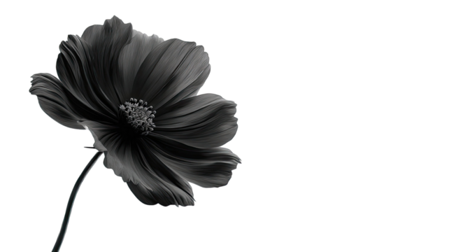 Black and white macro of a white cosmos flower blossom isolated on white