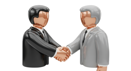 Two stylized 3d figures in suits shaking hands, representing a business deal, agreement, or partnership