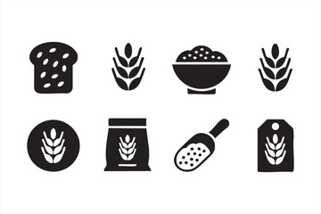 Wheat and grain icon pack with bread, cereal, flour scoop, and food labels