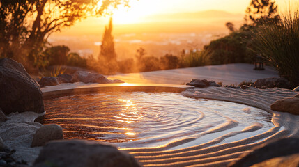 Private Outdoor Spa in Zen Rock Garden at Golden Sunset