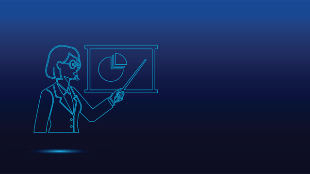 Professional Businesswoman Giving Financial Data Presentation Using Glowing Neon Blue Line Art Vector Graphics Illustration Over a Dark Navy Blue Background Displaying a Pie Chart on a Scree