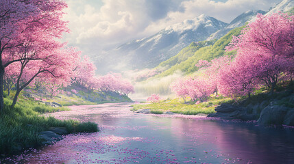 River Flowing Gently Beneath Vibrant Pink Cherry Blossoms