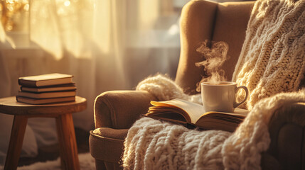Sunlit Reading Nook with Fluffy Armchair and Knit Blanket