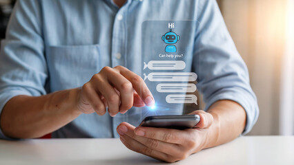 Man interacts with modern AI chatbot on mobile phone for instant support and digital assistance, representing innovative tech solutions for customer engagement