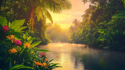 Tranquil Jungle River Lined with Vibrant Tropical Foliage