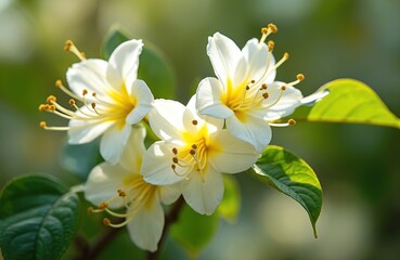 Fototapeta premium Close up photo of white and yellow Japanese honeysuckle flowers with green leaves. Blossoms in sunlight with natural blurry background. Floral plant photo for design.