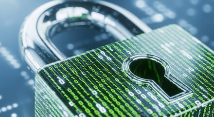 Cybersecurity concept represented by a metallic padlock with green binary code overlay, symbolizing data protection and digital safety.