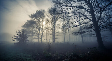 A foggy forest scene with bare trees silhouetted against a bright sky on a hazy and mysterious day ai generated