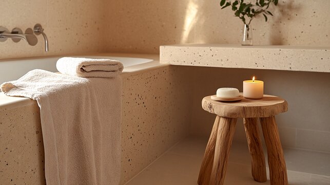Tranquil Bathroom Interior with Natural Stone Elements and Wood Accents