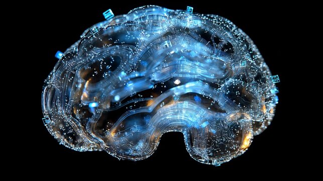 AI Brain Made of Transparent Crystalline Circuitry with Blue Glow