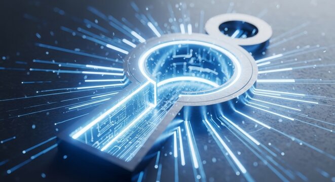 Futuristic digital keyhole glowing with blue light, symbolizing cybersecurity, data access, and encryption technology. - Powered by Adobe