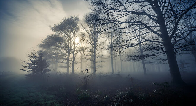 A foggy forest scene with bare trees silhouetted against a bright sky on a hazy and mysterious day ai generated - Powered by Adobe