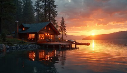 Fototapeta premium Cozy log cabin stands by tranquil lake at vibrant sunset. Golden orange light reflects on calm water surface. Dock vintage car, small boat. Pine trees surround peaceful wilderness lodge, creating